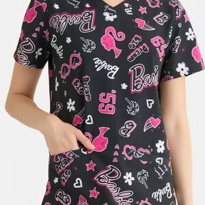 Barbie Black and Pink Graphic Scrub Top NWOT